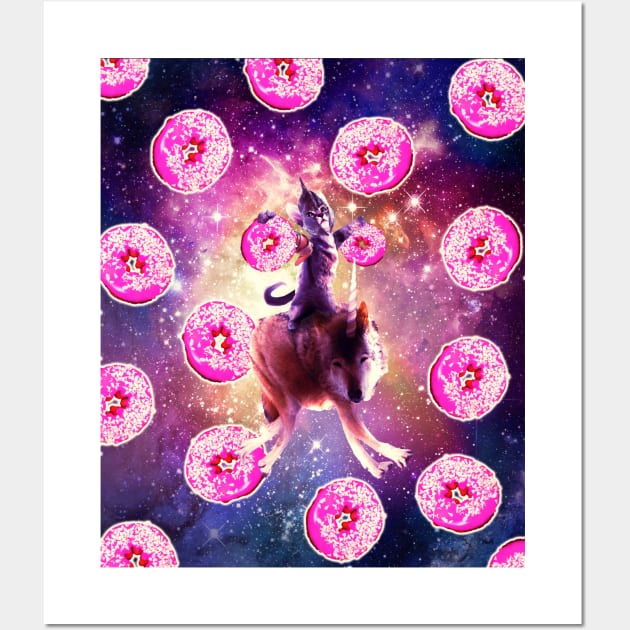 Warrior Space Cat On Wolf Unicorn - Donut Wall Art by Random Galaxy